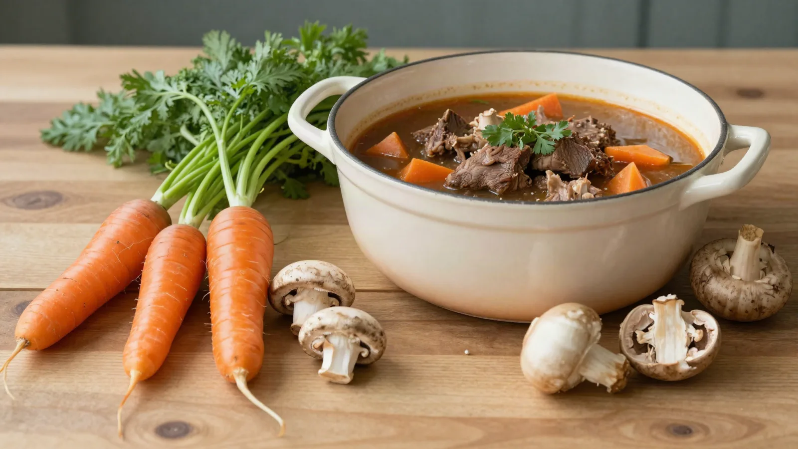 Carottes, champignons et petits oignons préparés pour accompagner un bœuf bourguignon