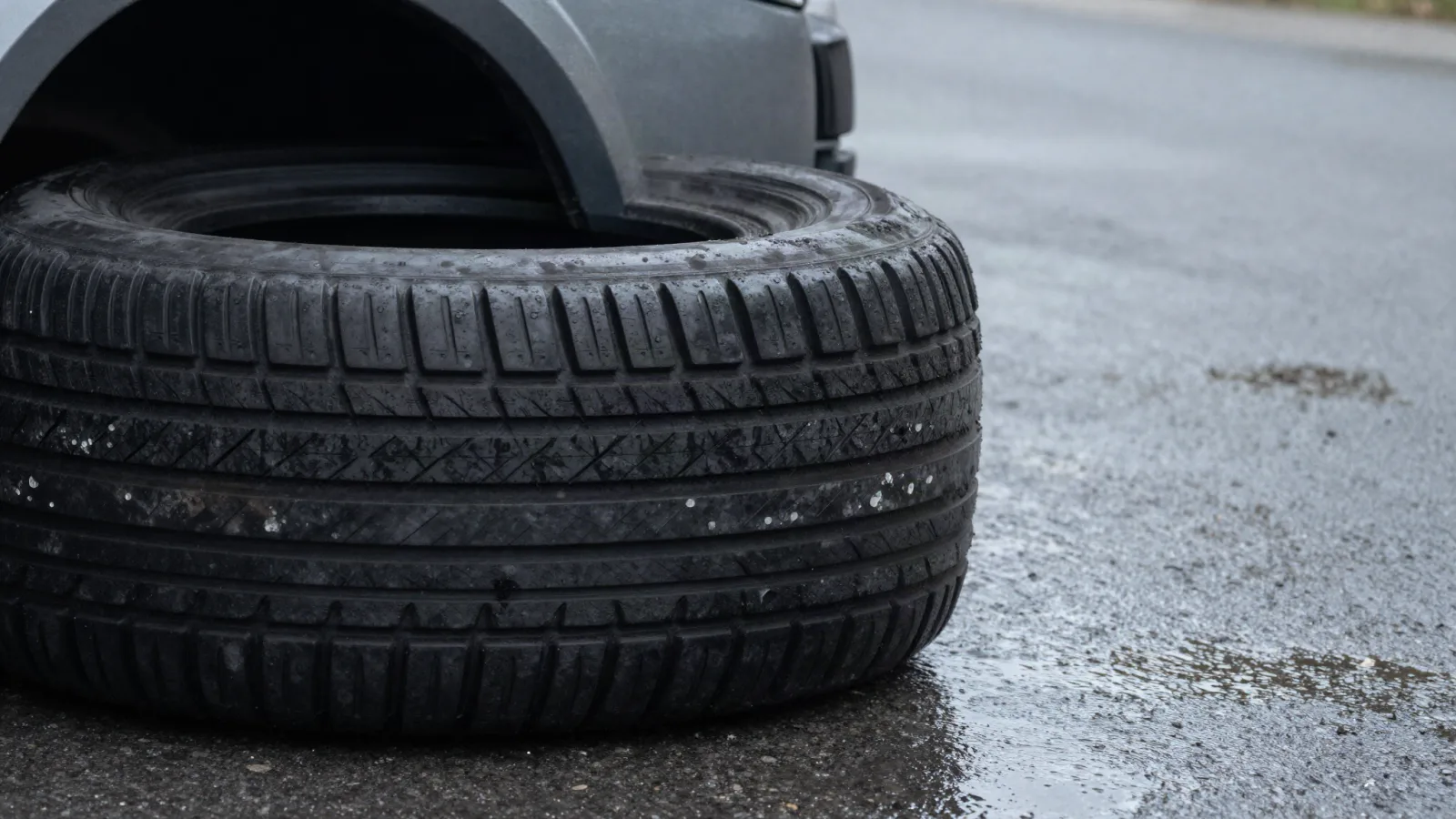 Pneus de voiture sur une chaussée mouillée