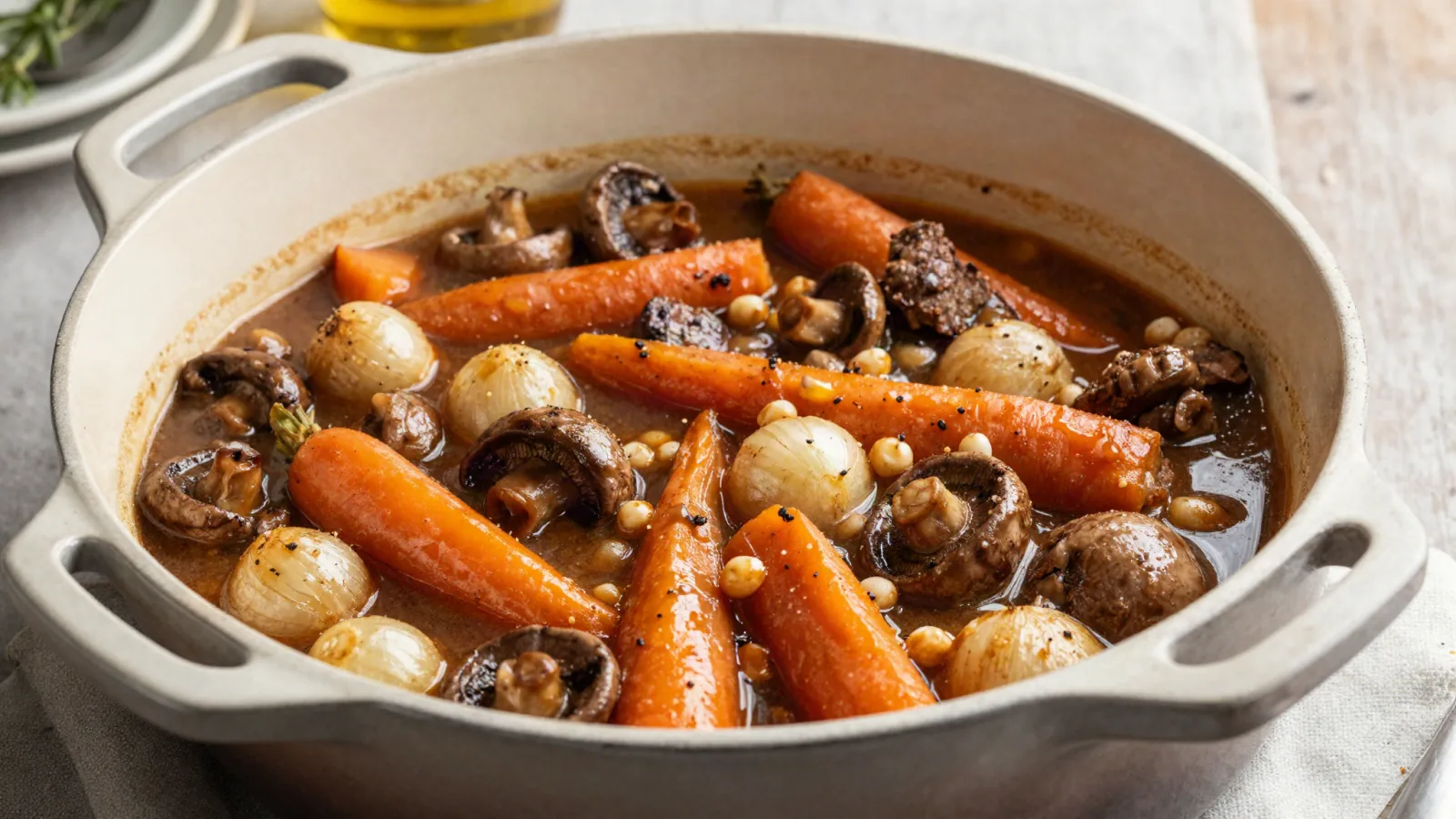 Bœuf bourguignon mijotant dans une cocotte avec carottes et oignons